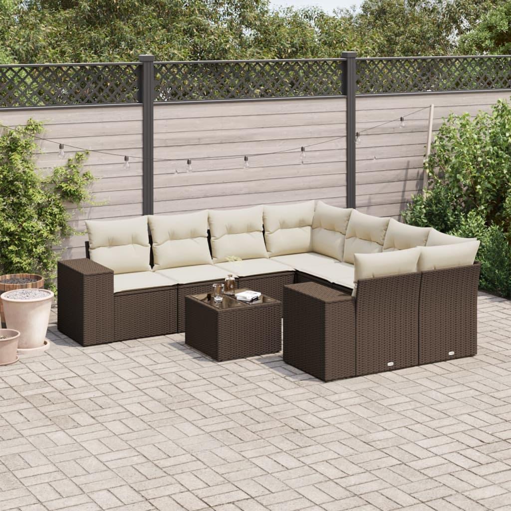 Havesofasæt i polyrattan - 9 dele med hynder, brun