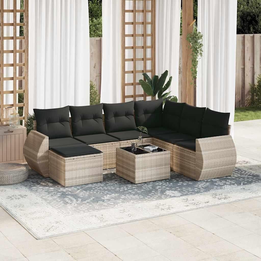 Sofasæt til haven i polyrattan - 8 dele med hynder, lysegrå