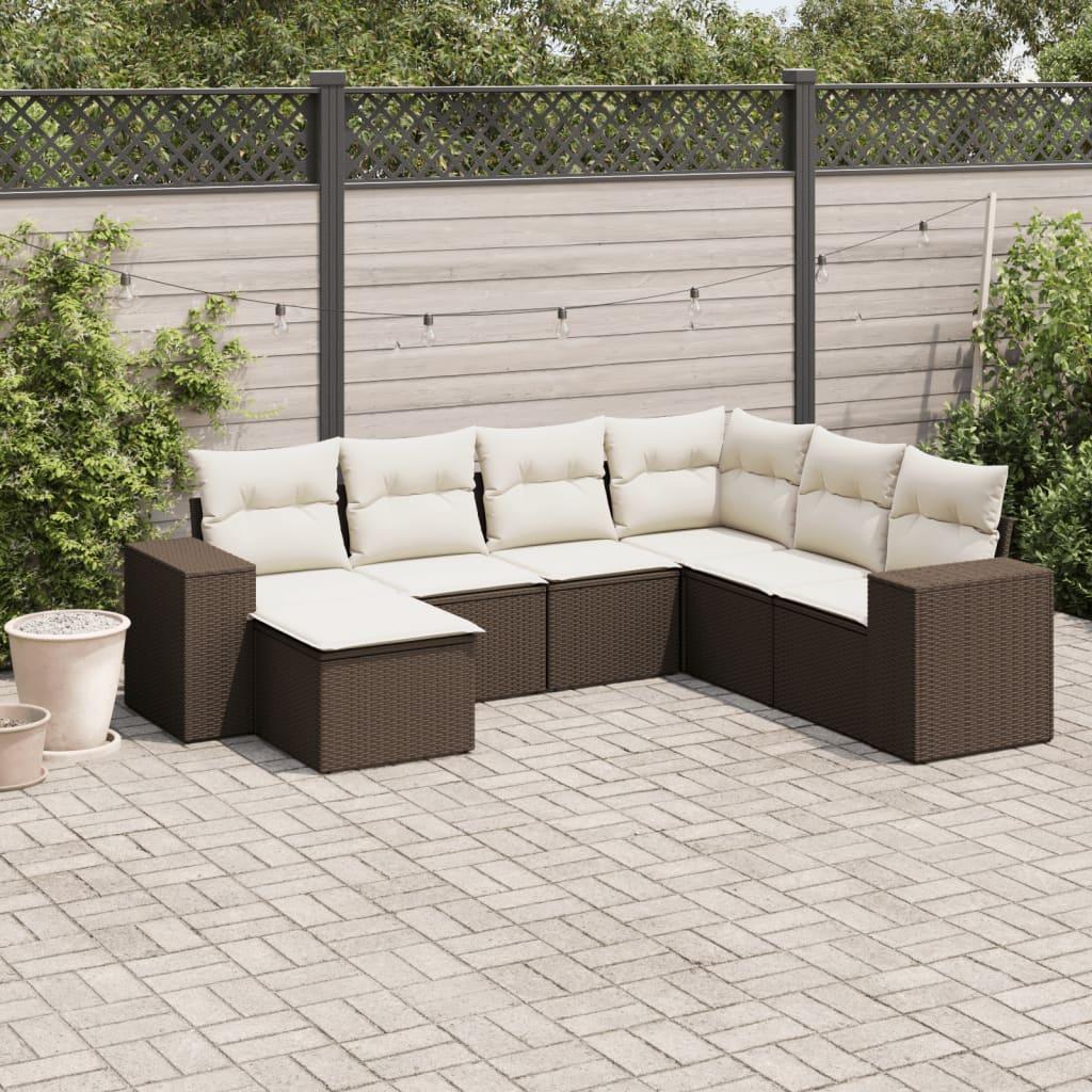 Sofasæt til haven 7 dele med hynder i polyrattan - brun