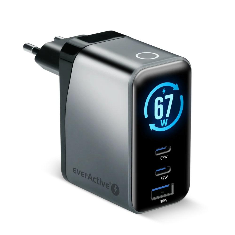 everActive SC-670Q GaN vægoplader 67 W - 2x USB-C + 1x USB-A, Quick Charge 4+, sort