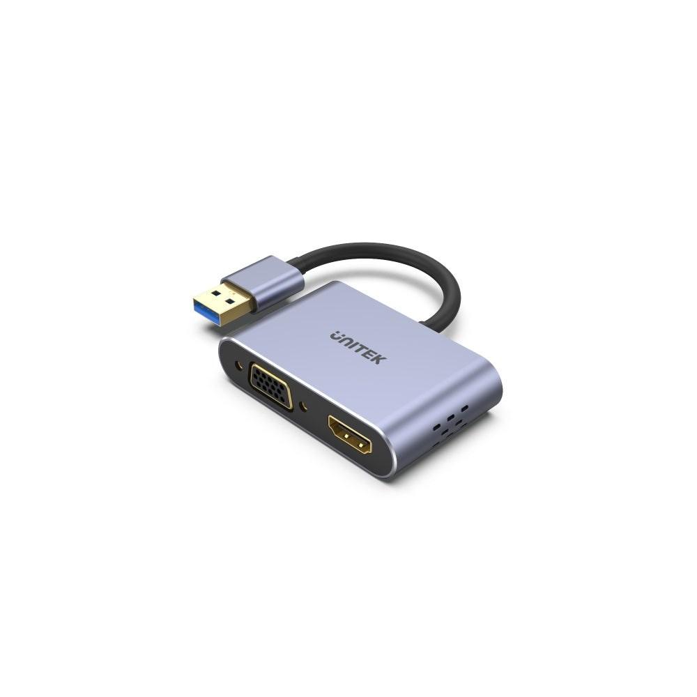 UNITEK V1304A videoadapter 0,15 m - USB Type-A til HDMI + VGA, grå