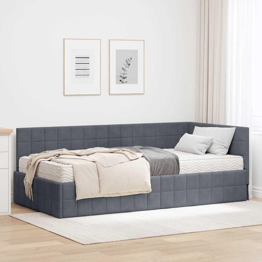 Hjørneseng med madras og vægmonteret hovedgærde - grå fløjl, 90 × 200 cm
