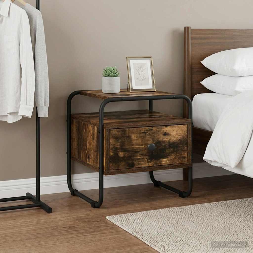 Sengebord i røget eg 40 × 39,5 × 40 cm - konstrueret træ med stålrør