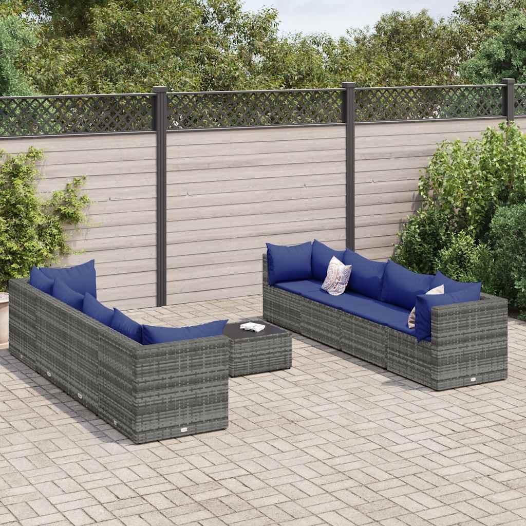 vidaXL loungesæt til haven 9 dele med hynder polyrattan grå