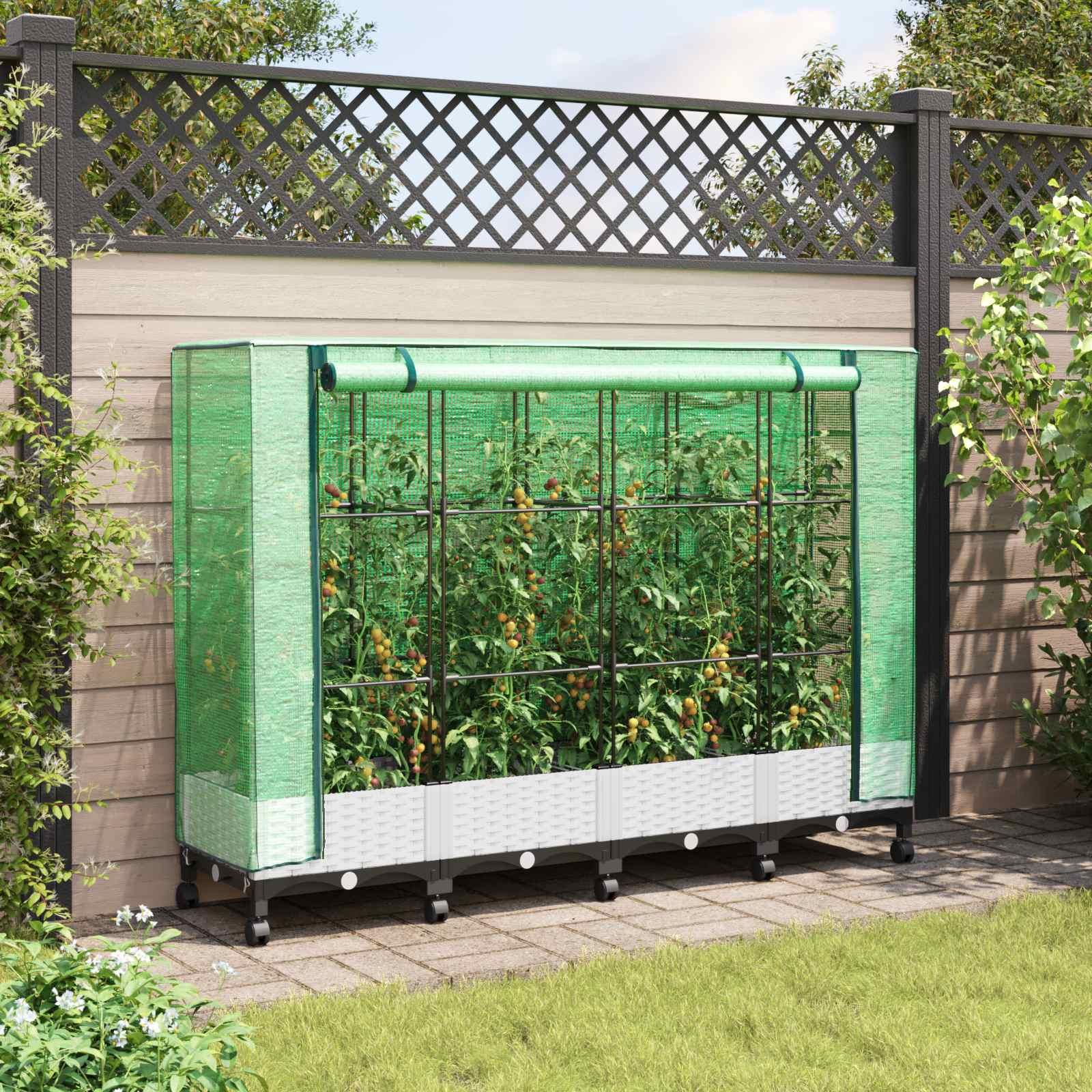 Haveplantekasse med drivhusdække og hjul 4 stk. 160 x 40 x 129 cm hvid PP