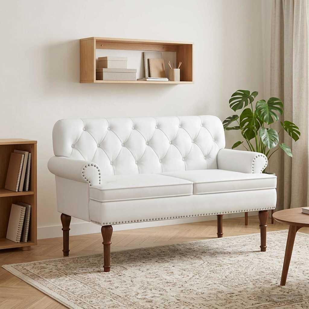 2-personers loveseat bænk med knap tufting i kunstlæder 120 x 65 x 77 cm hvid