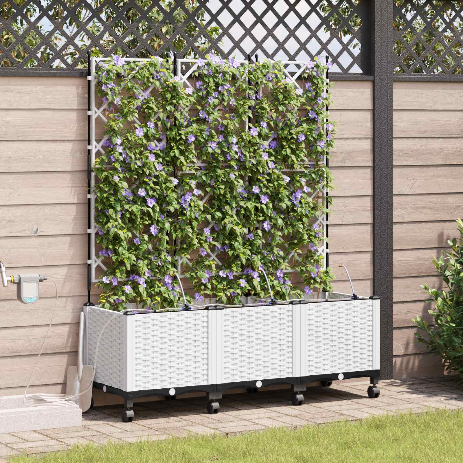 Havekrukke med vanding, hjul og espalier 3 stk. hvid 120 x 40 x 148 cm