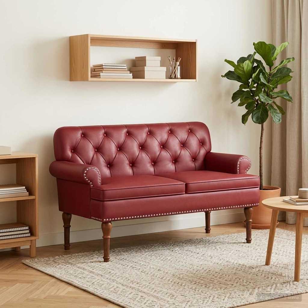2-personers loveseat bænk med knap tufting i kunstlæder - vinrød 120 x 65 x 77 cm