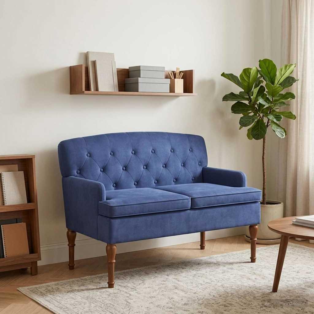 2-personers loveseat i fløjl med knaptufting - politi blå, 111 x 65 x 79 cm