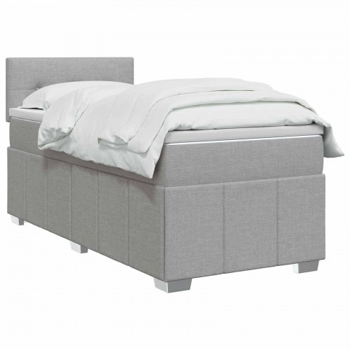 Boxmadras seng 90 x 200 cm med topmadras, hovedgærde og LED - lysegrå stof
