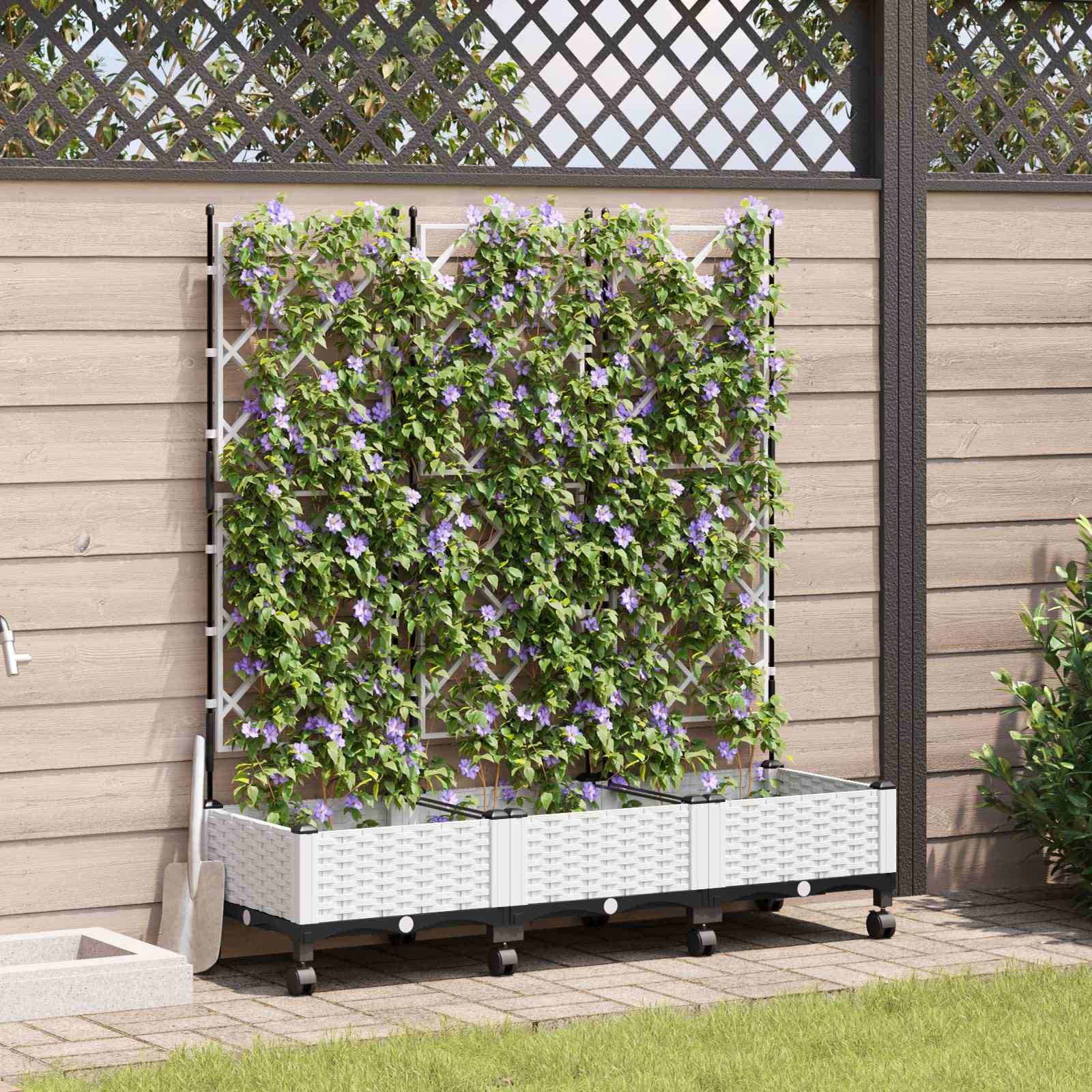 Haveplantekasse med espalier og hjul 3 stk. i hvid PP