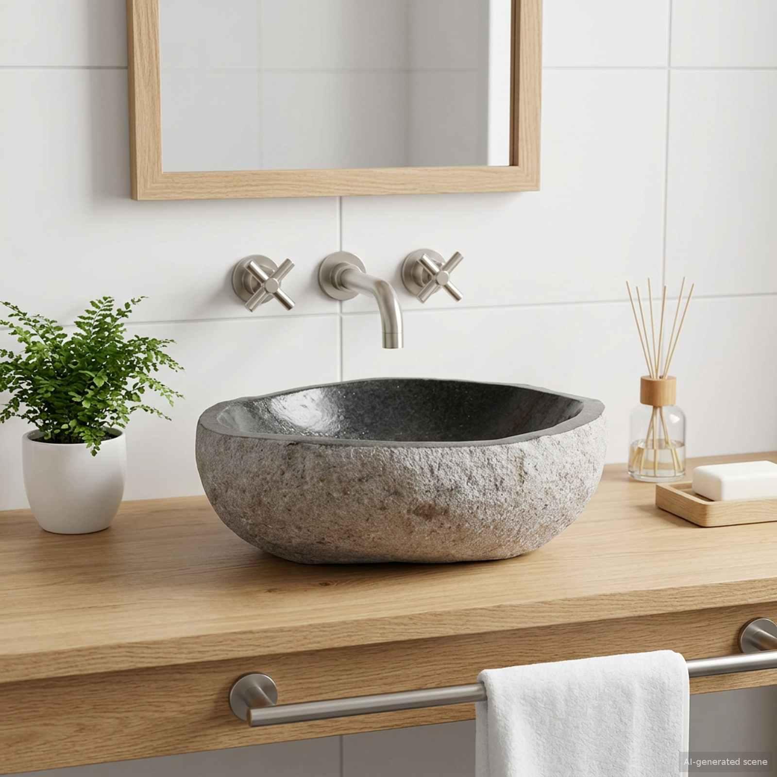 Oval håndvask i grå flodsten 32-37 x 27-30 x 12 cm
