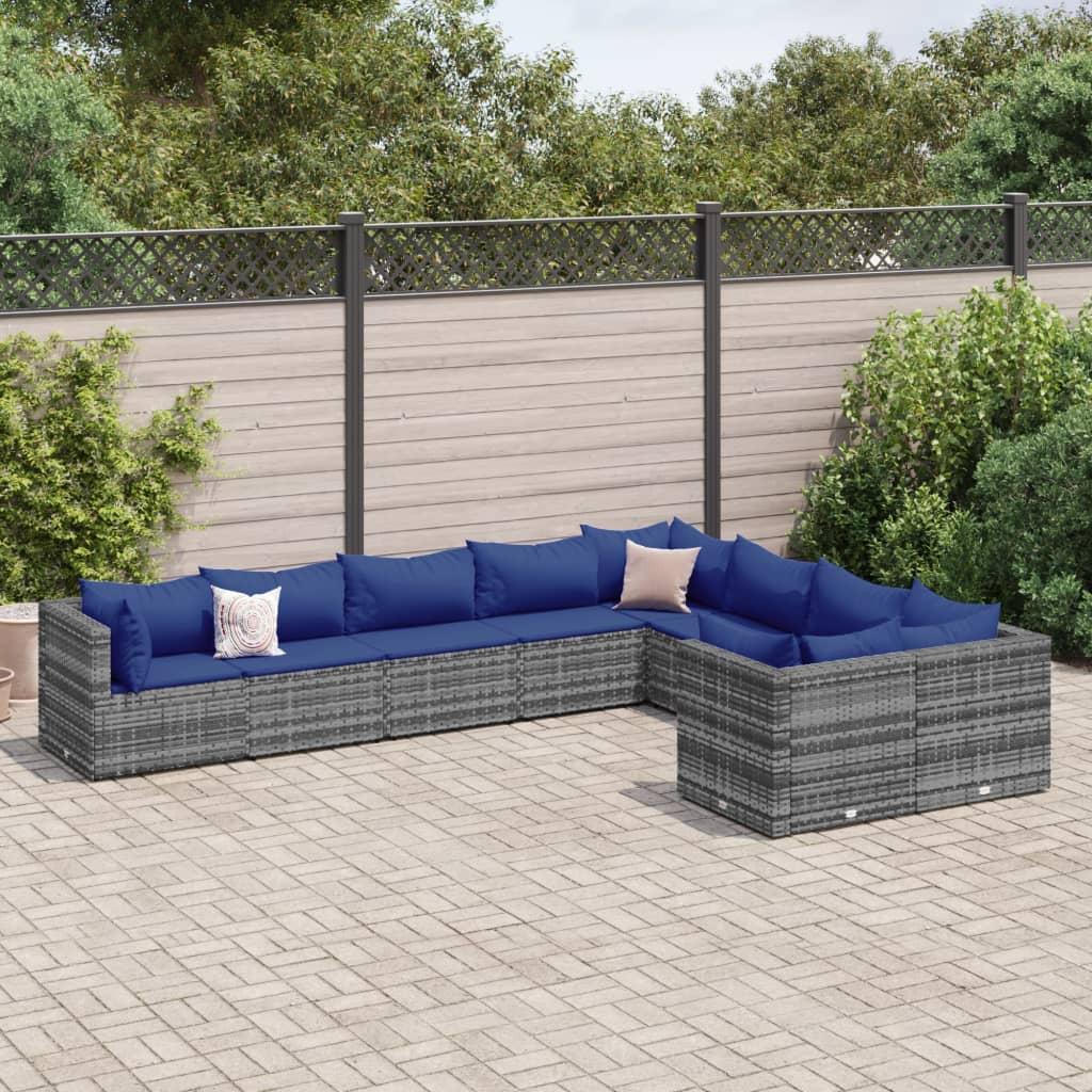 Havesofasæt 9 dele med hynder i polyrattan grå og mørkeblå