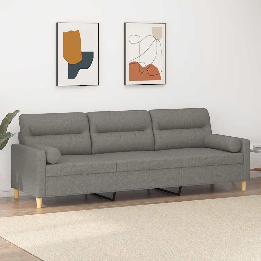 3-personers sofa i stof med puder og hynder 210 cm mørkegrå