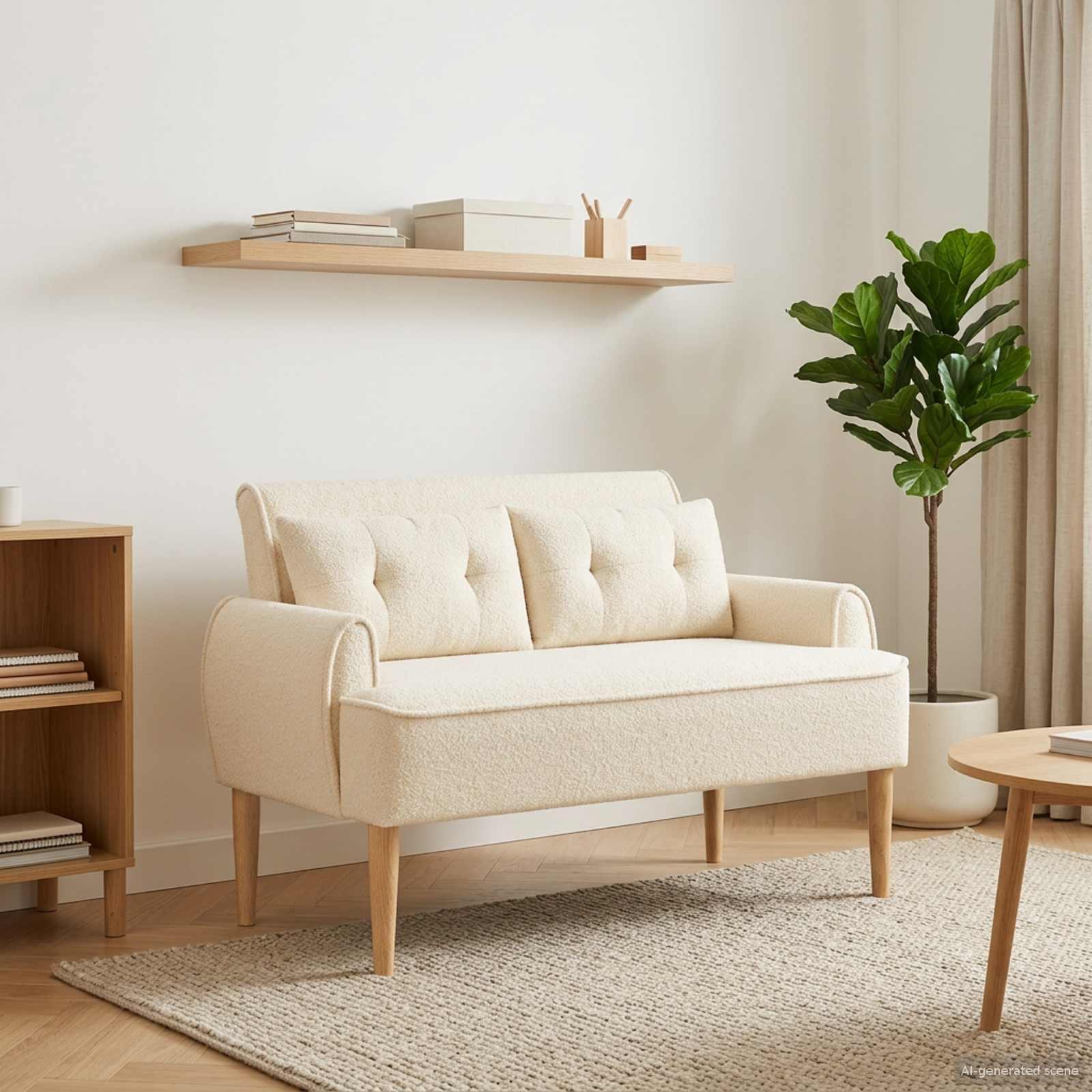 Loveseat med knap tufting i bouclé, cremefarvet 117 x 67 x 77 cm