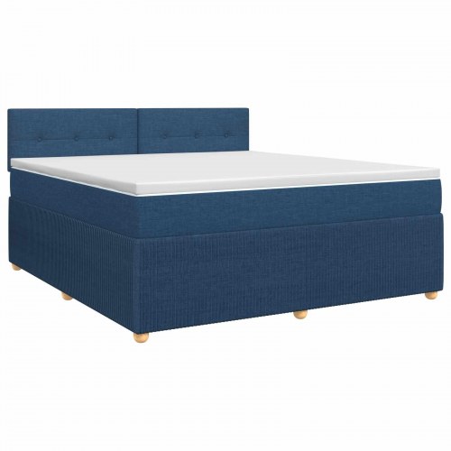 Seng med madras, topmadras og justerbar sengegavl 160 x 200 cm - blå stof