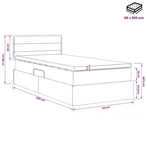 Opbevaringsseng med LED og madras 90 x 200 cm mørkegrå stof