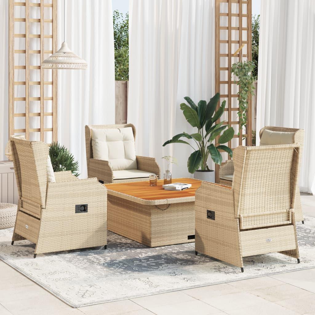 Loungesæt til haven 5 dele med hynder og lænefunktion i polyrattan - beige
