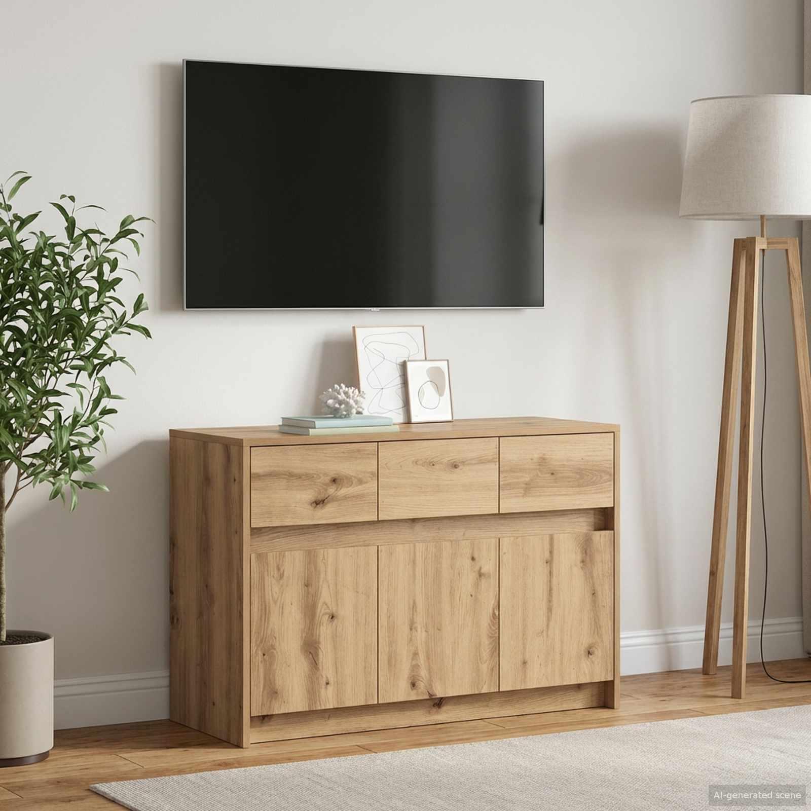 TV-skab 91 x 34 x 61 cm i artisan-eg med opbevaring og lys
