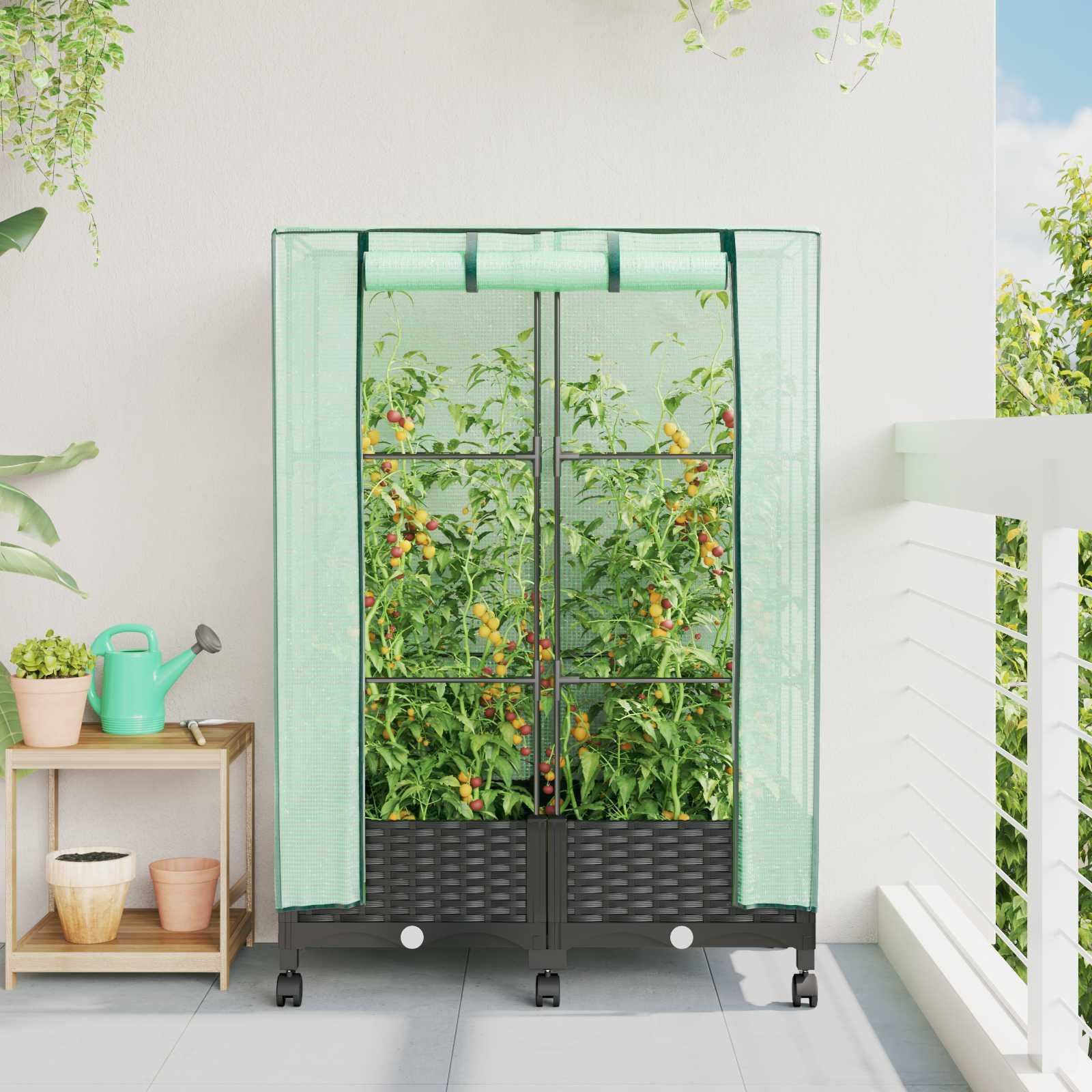 Haveplantekasse med drivhusdække og hjul 2 stk. sort PP 80 x 40 x 129 cm