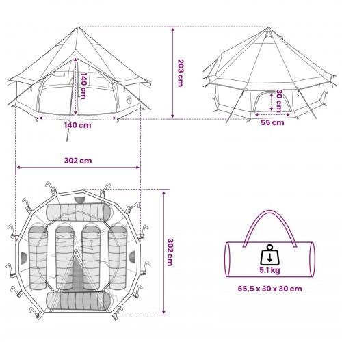Tipi telt olivengrøn 300 x 300 x 200 cm i polyester og stål