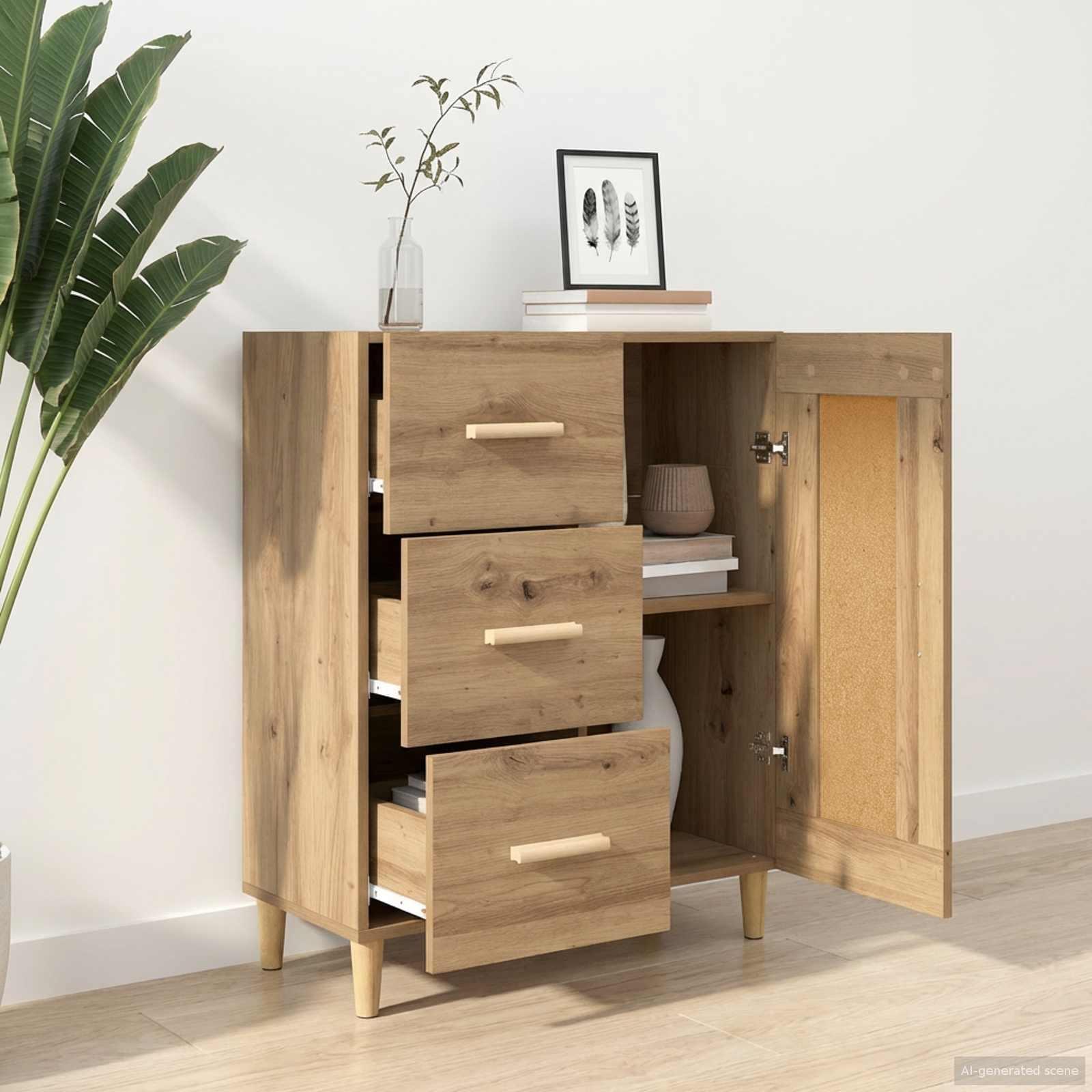 Skænk i artisan-eg 69,5 x 34 x 90 cm med 3 skuffer og vendbar dør