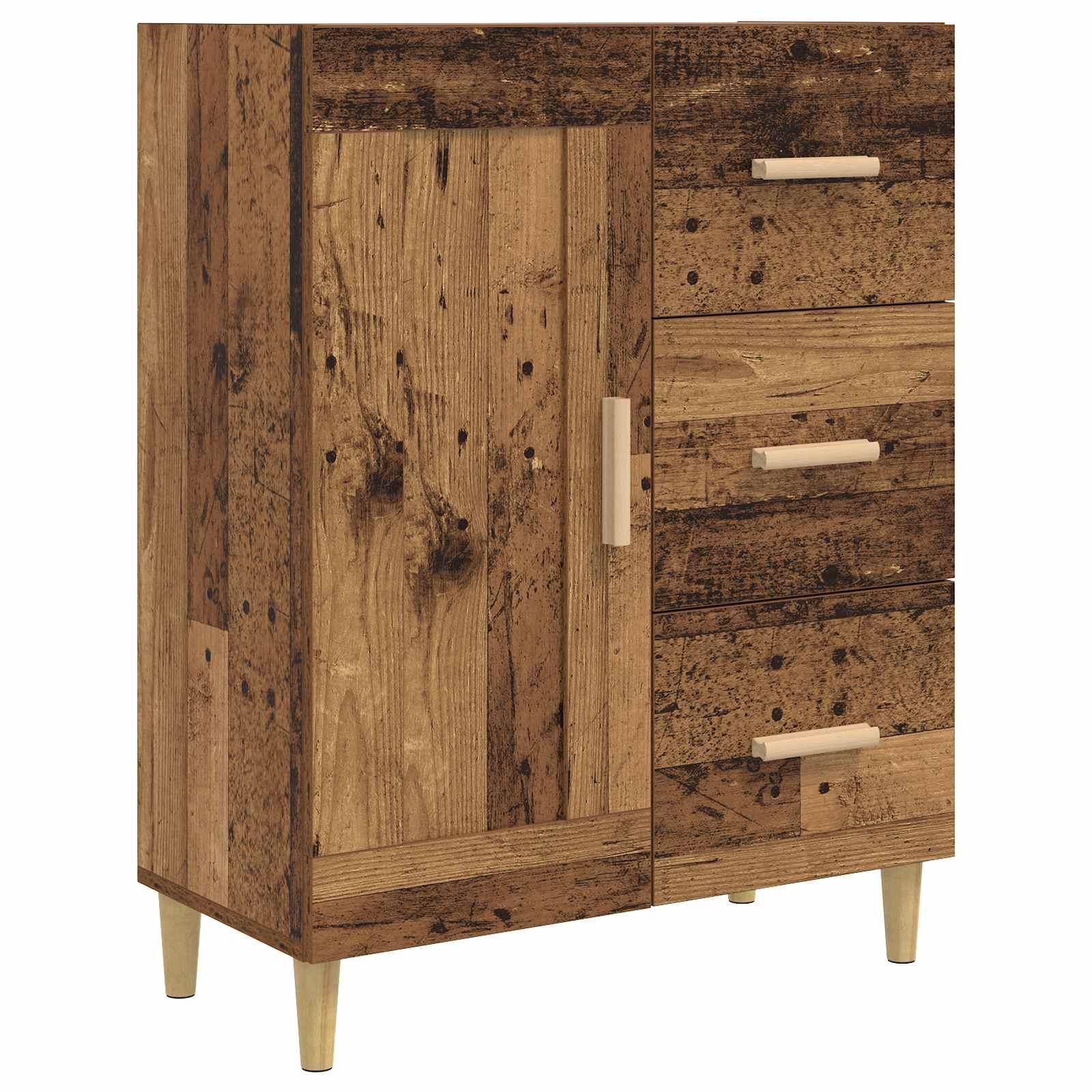 Skænk i gammelt træ 69,5 x 34 x 90 cm med 3 skuffer og vendbar dør