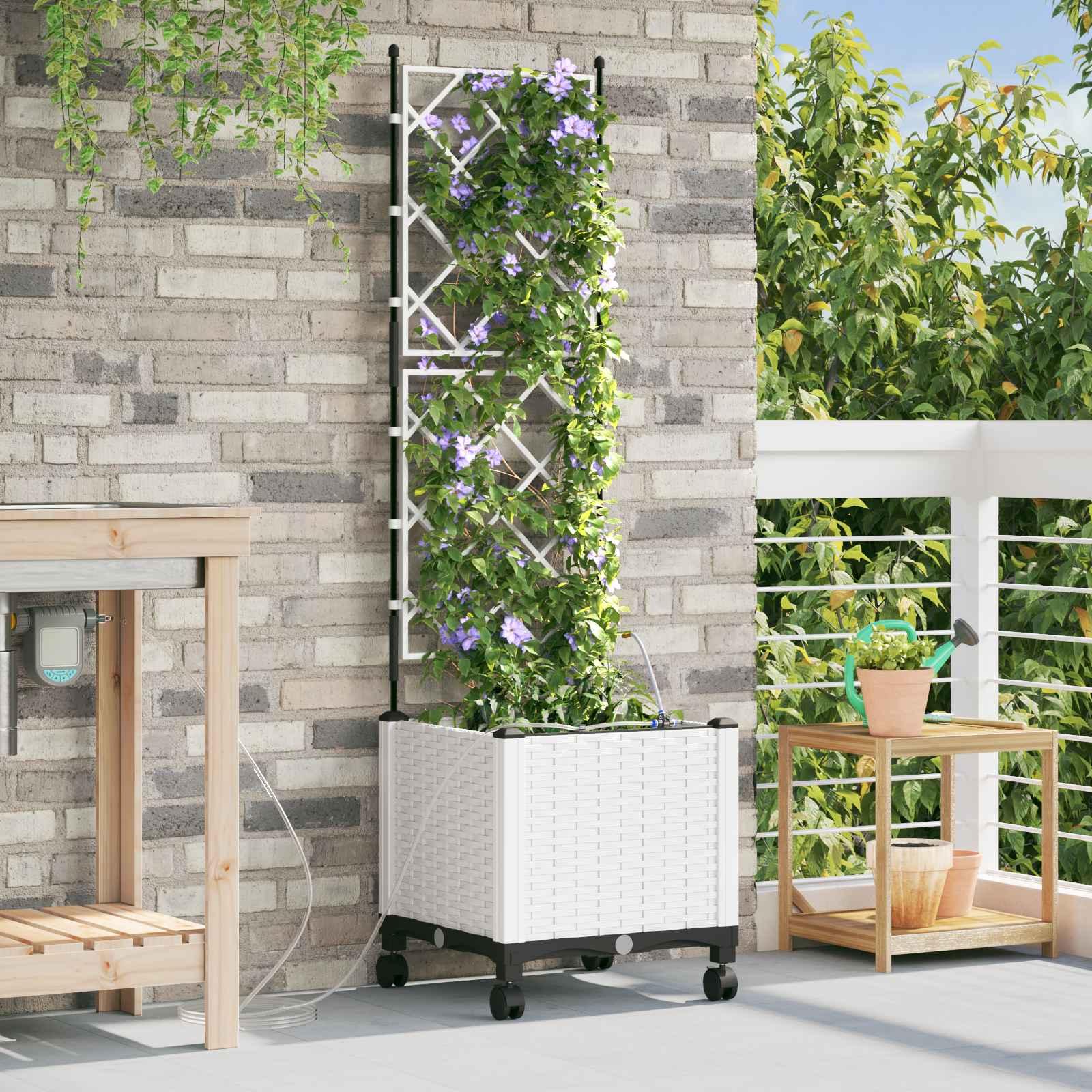 Havekrukke med vanding, espalier og hjul i hvid 40 x 40 x 148 cm