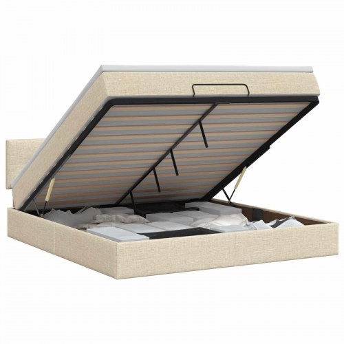 Ottoman seng med opbevaring 180 x 200 cm cremefarvet stof inkl. madras