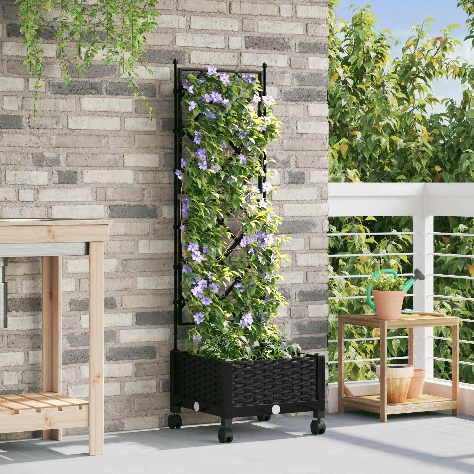 Haveplantekasse med espalier og hjul 40 x 40 x 131,5 cm i sort PP