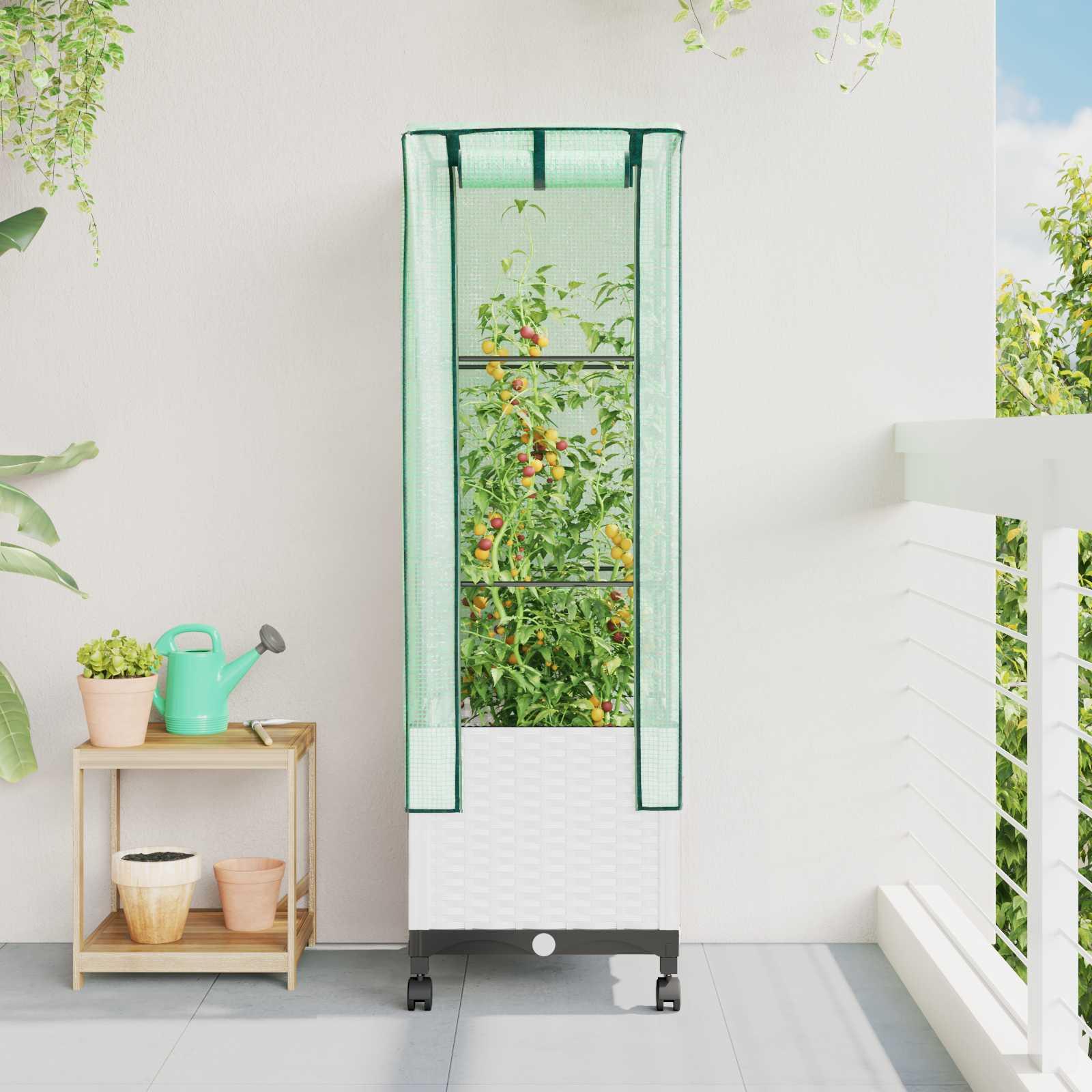 Haveplantekasse med drivhusdække og hjul 40 x 40 x 145 cm hvid