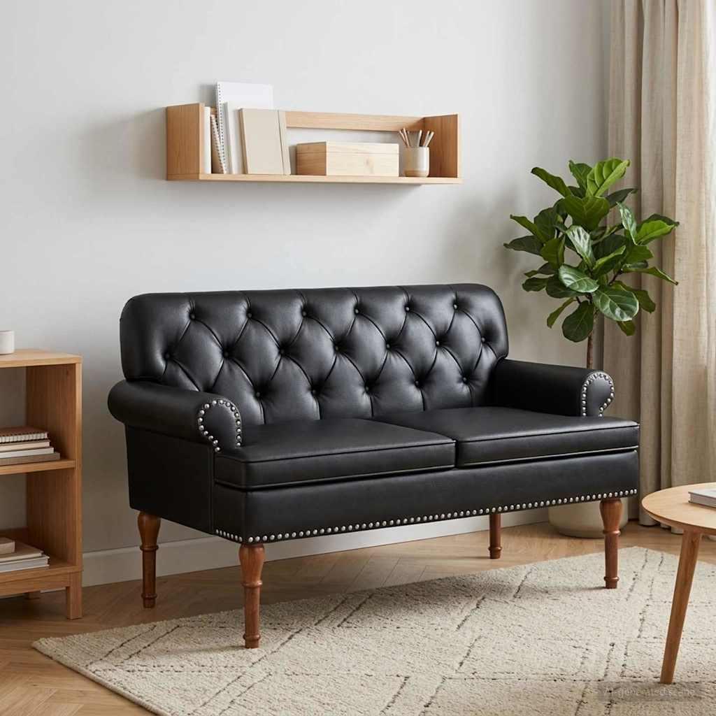 2-personers loveseat med knap tufting i sort kunstlæder 120 x 65 x 77 cm