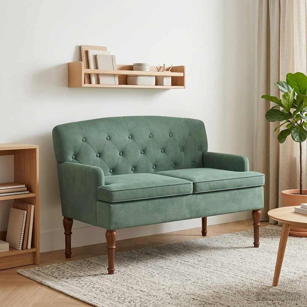 2-personers loveseat bænk i fløjl med knap tufting - havgrøn, 111 x 65 x 79 cm