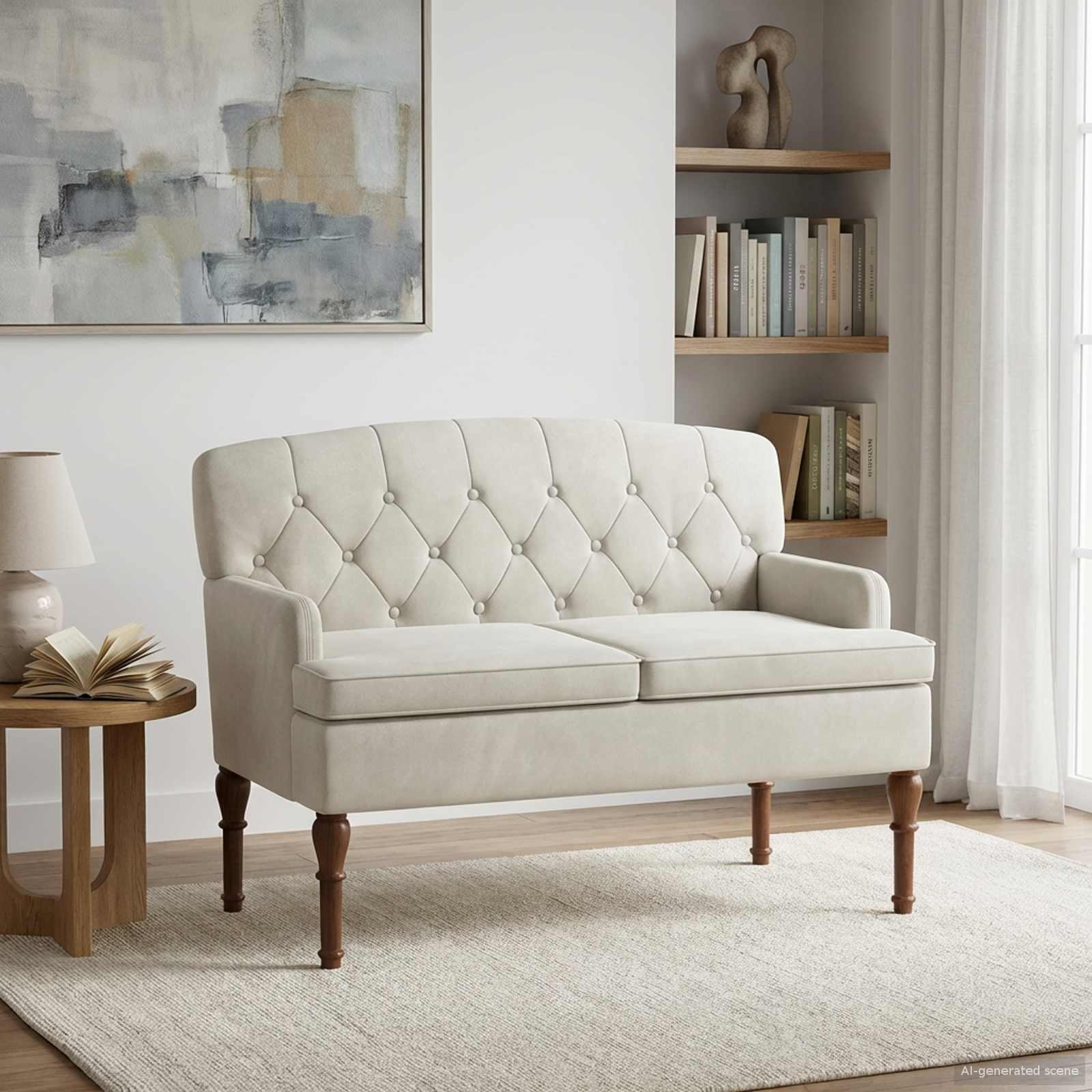 2-personers loveseat med knap tufting i fløjl - cremefarvet 111 x 65 x 79 cm