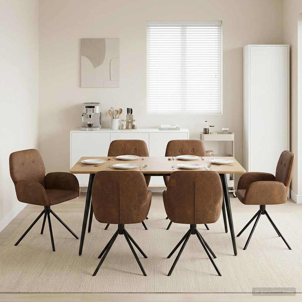 Svingende spisestole 6 stk i faux suede læder med armlæn - brun
