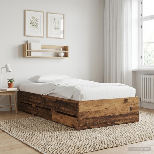Sengestel med opbevaring og skuffer 80 x 200 cm - gammelt træ