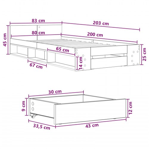 Sengestel med opbevaring - sort eg, 80 x 200 cm