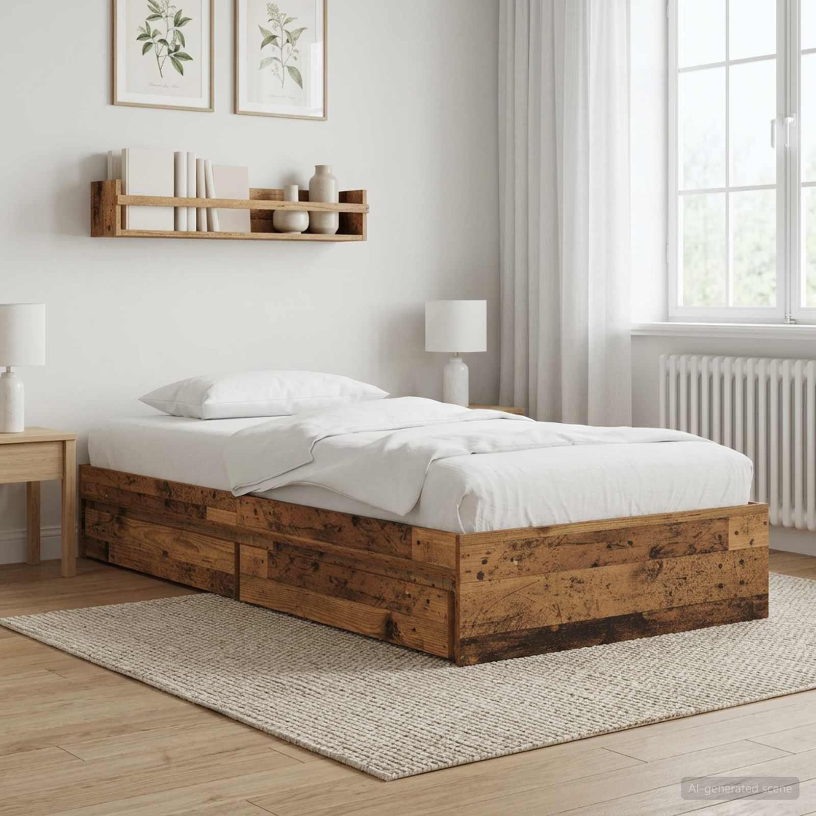 Sengestel med opbevaring og skuffe i gammelt træ 80 x 200 cm