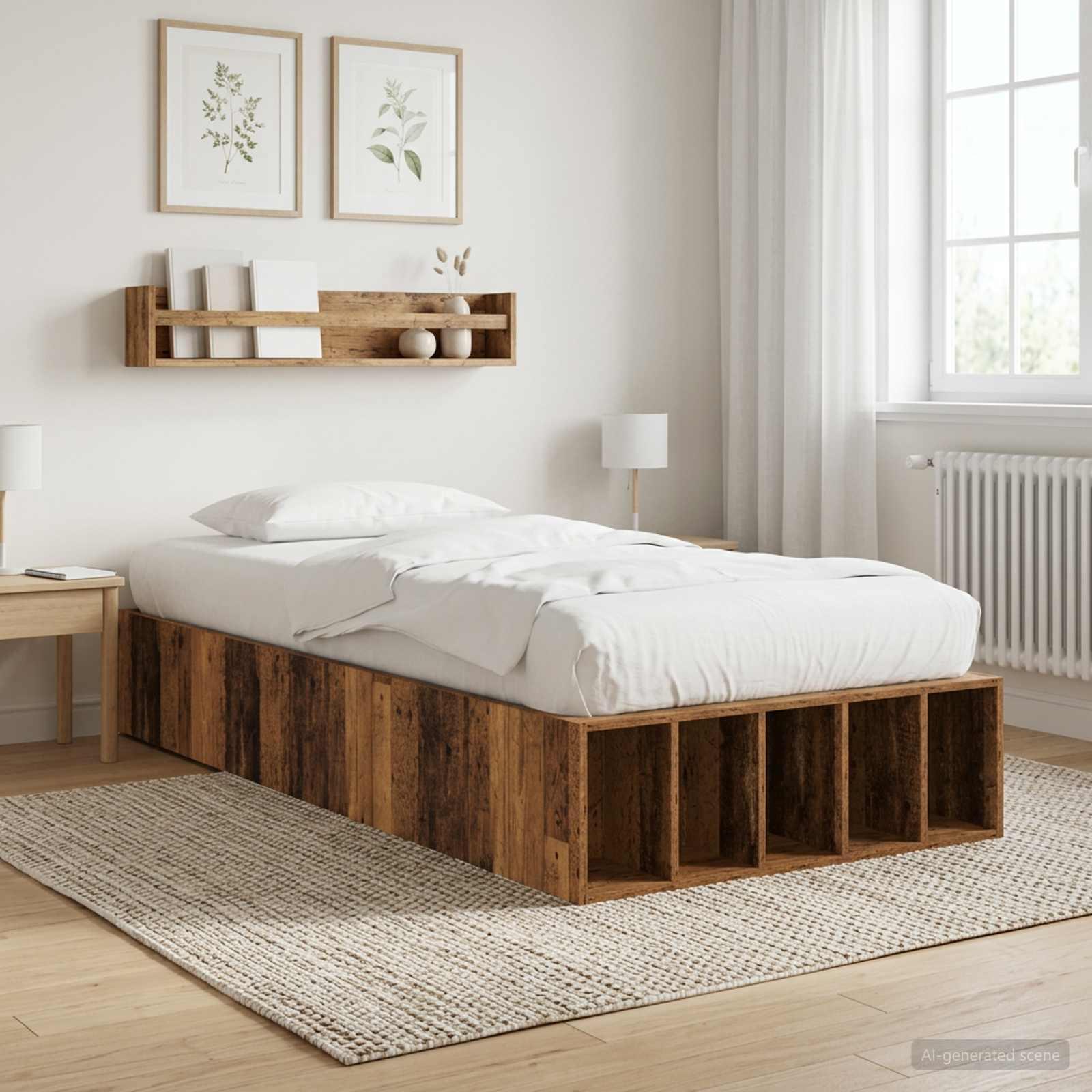 Sengestel med opbevaring og hylde i gammelt træ 80 x 200 cm