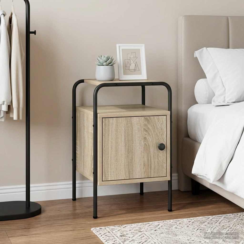 Sengebord i sonoma-eg 35 × 36,5 × 56 cm med dør og metalramme