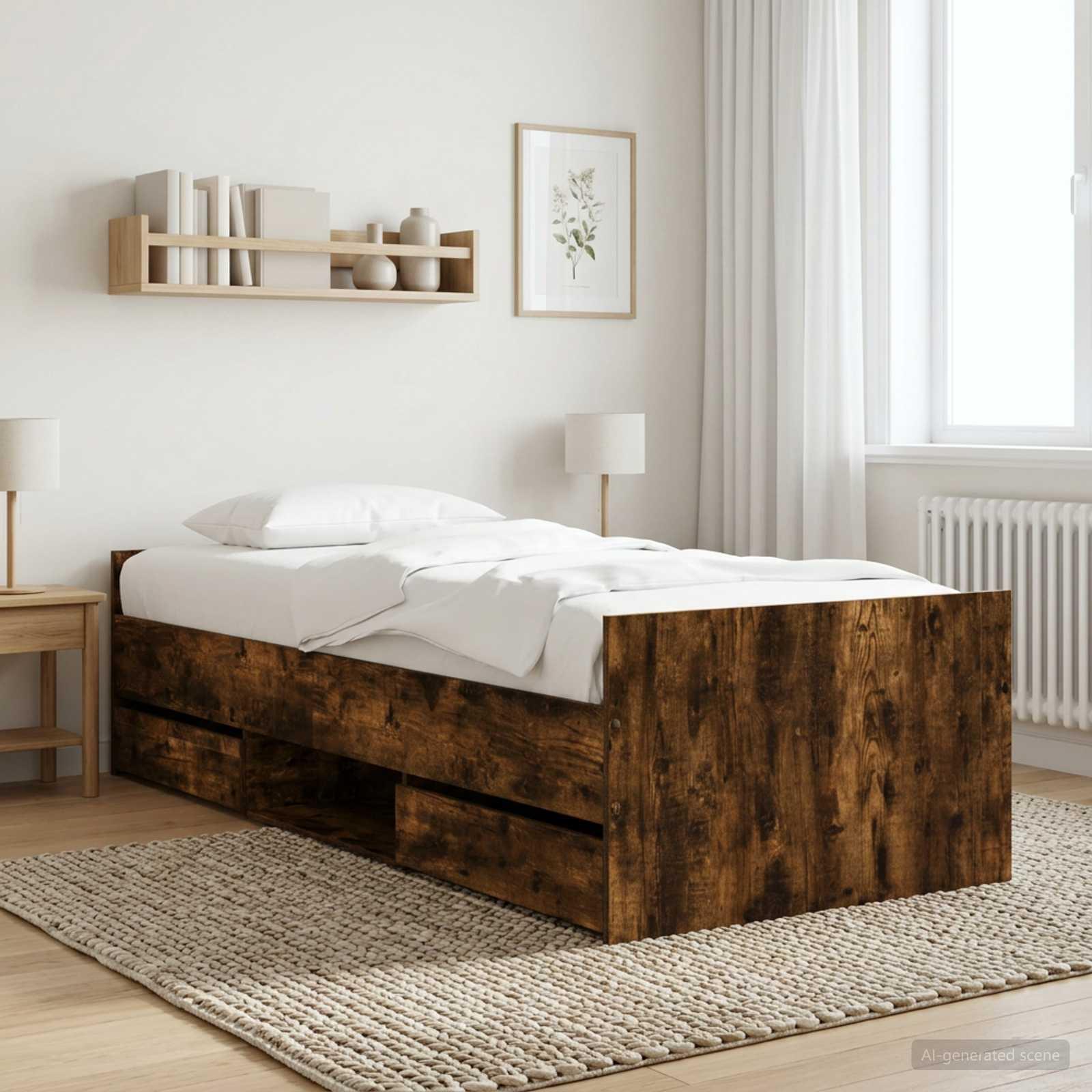 Sengestel med skuffe og hovedgærde i røget eg af konstrueret træ