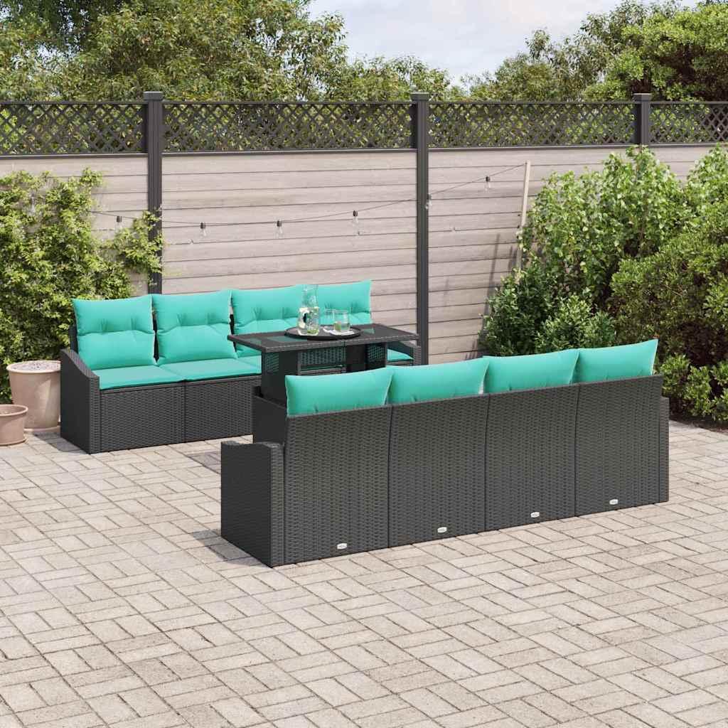 Havesofa sæt med puder 7 stk sort og blå polyrattan