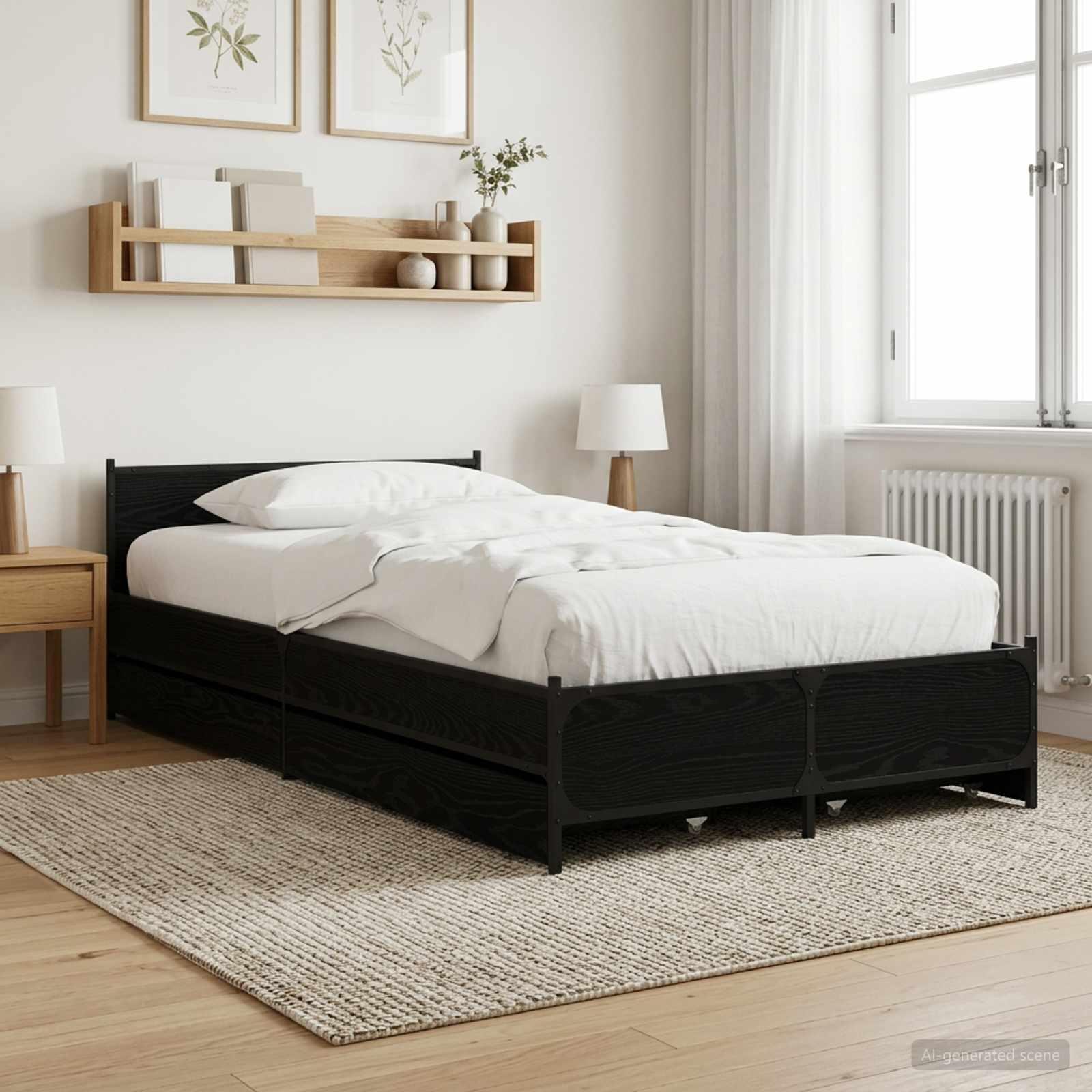 Sengestel med hovedgærde og skuffer sort eg 80 x 200 cm