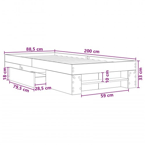 Sengestel med opbevaring og skuffe - gammelt træ, 80 x 200 cm