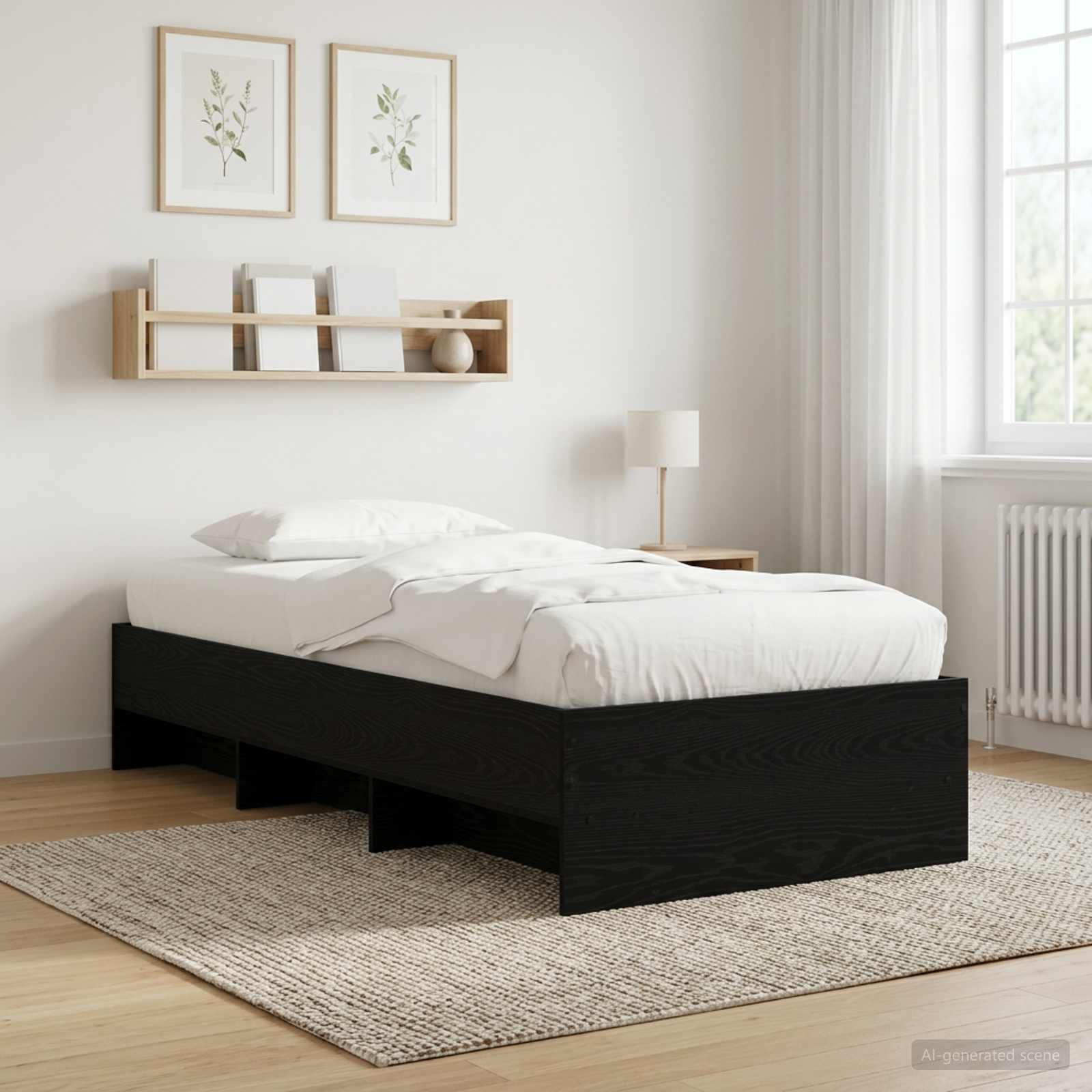 Sengestel med hylde i sort eg 80 x 200 cm i konstrueret træ