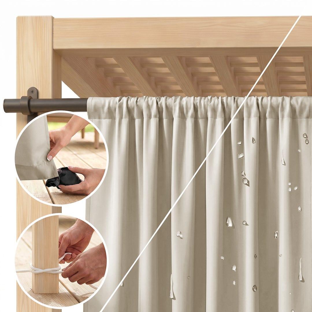 Molte gardin 155 x 200 cm - lys beige, ensfarvet med multifunktionelt bånd
