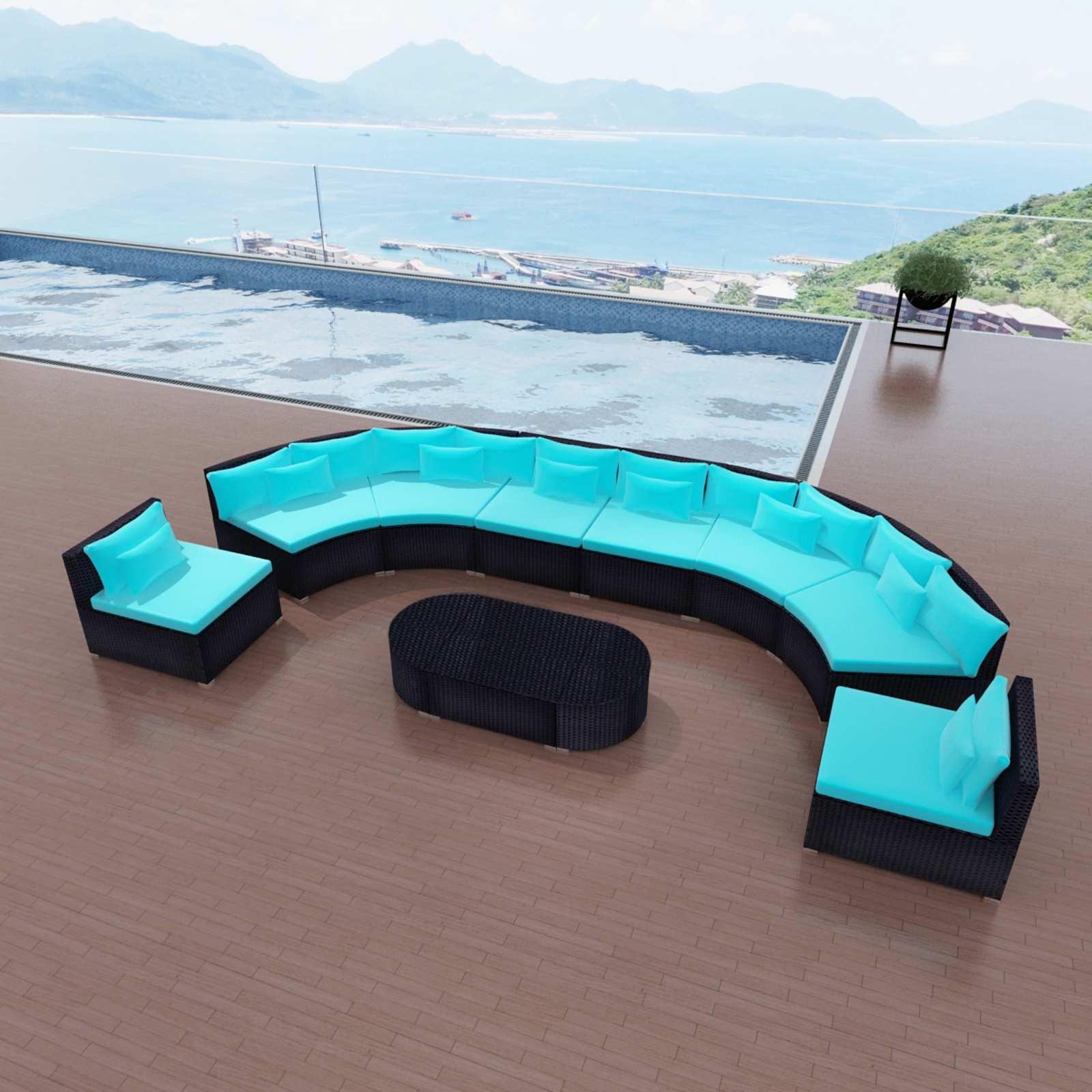 Rundt sofa sæt 11 stk i blå polyrattan til have og terrasse