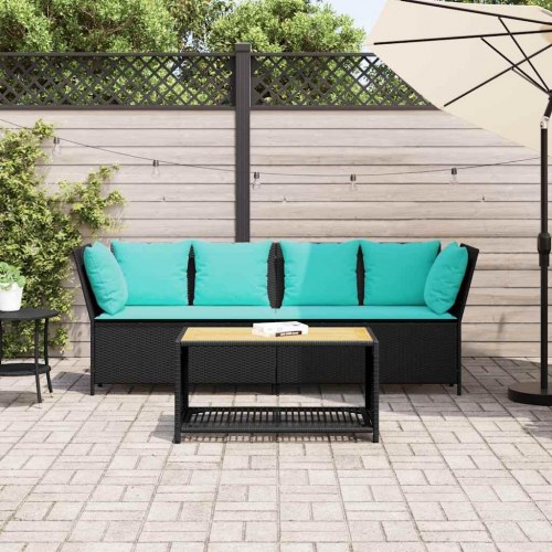 Havesofa i polyrattan med hynder - sort/turkis