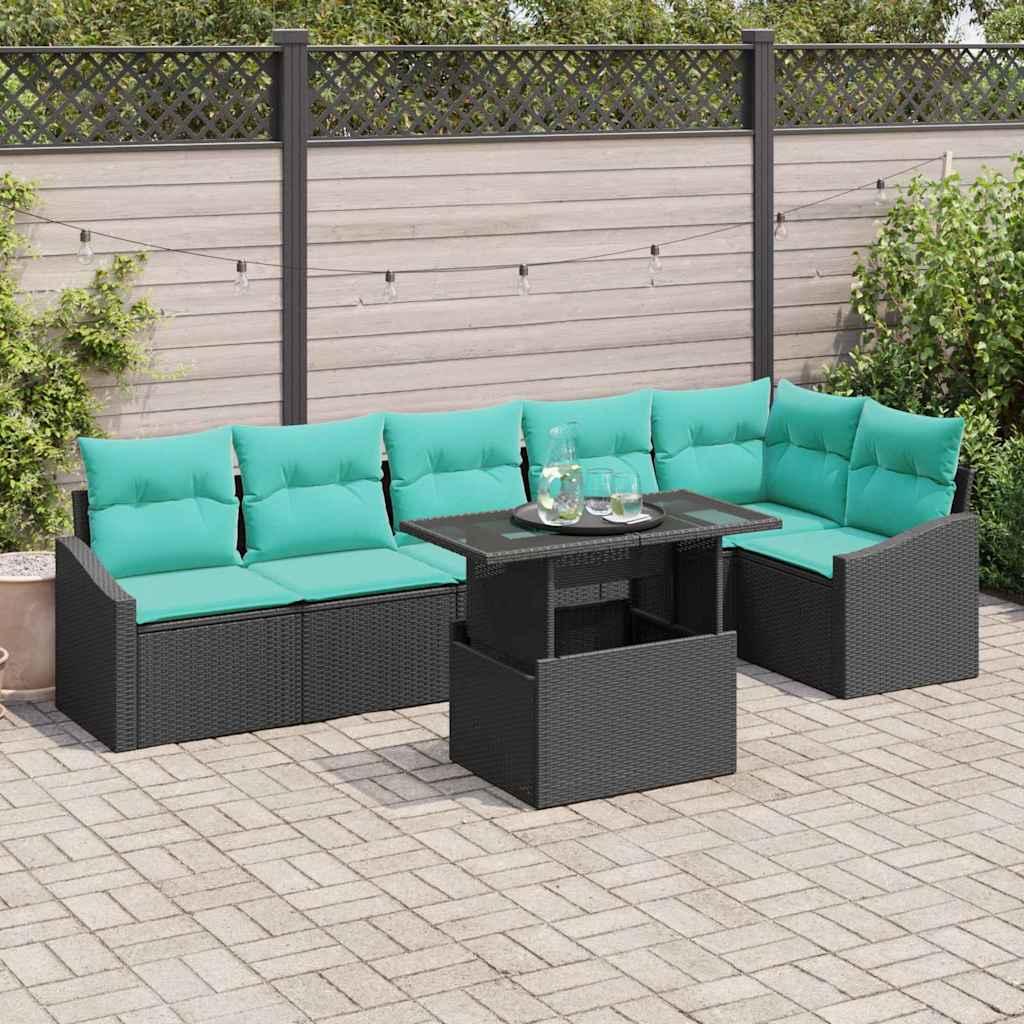 Modulært havesofa sæt med opbevaring 7 dele i polyrattan med puder - sort og blå