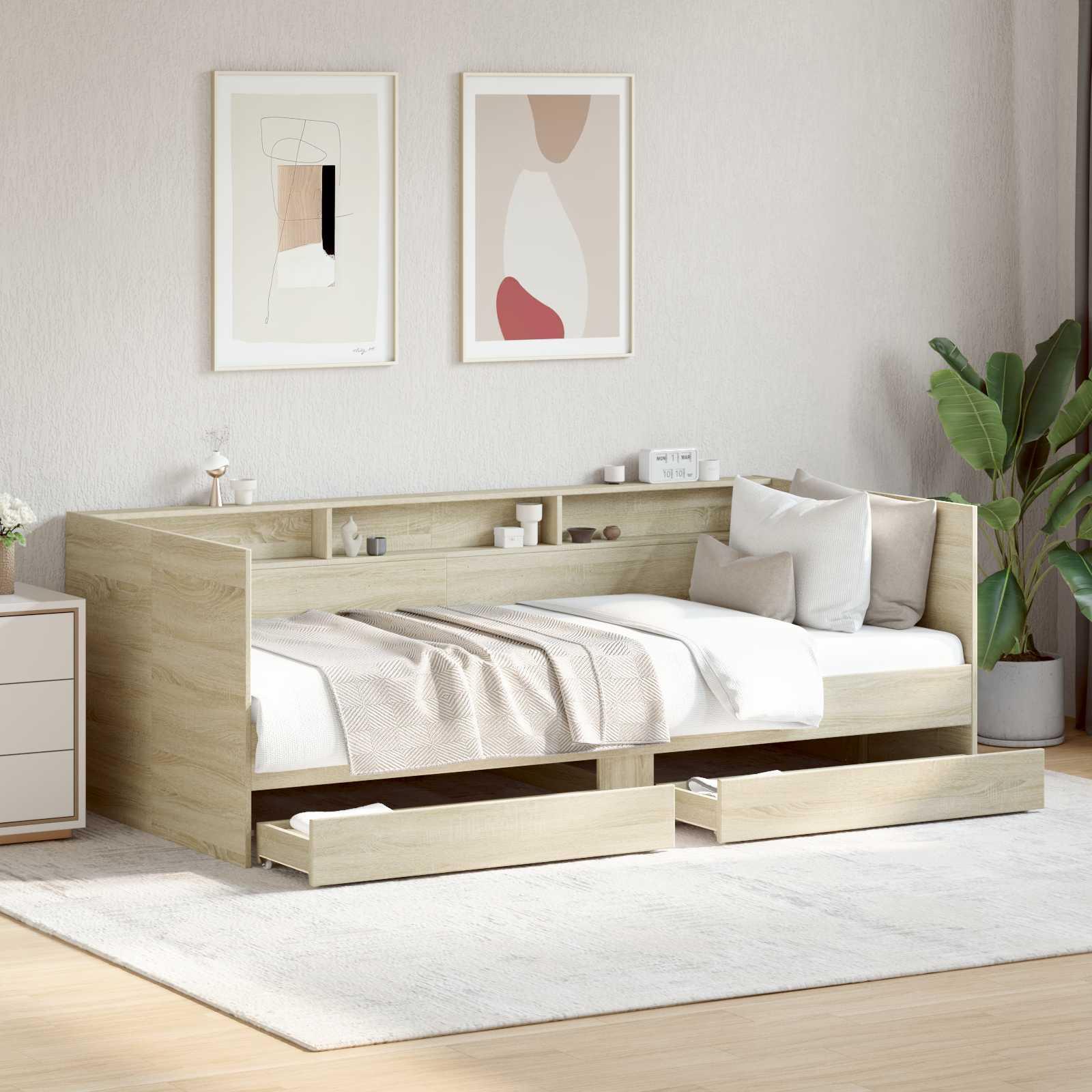 Daybed med skuffer og hylde i sonoma-eg konstrueret træ